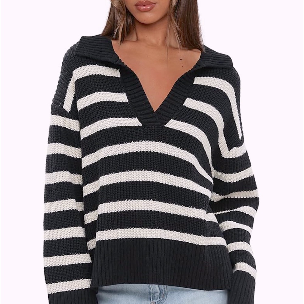 Women Oversized Sweater Fall 2024 Fashion Polo V Neck Striped Knitted Pullover